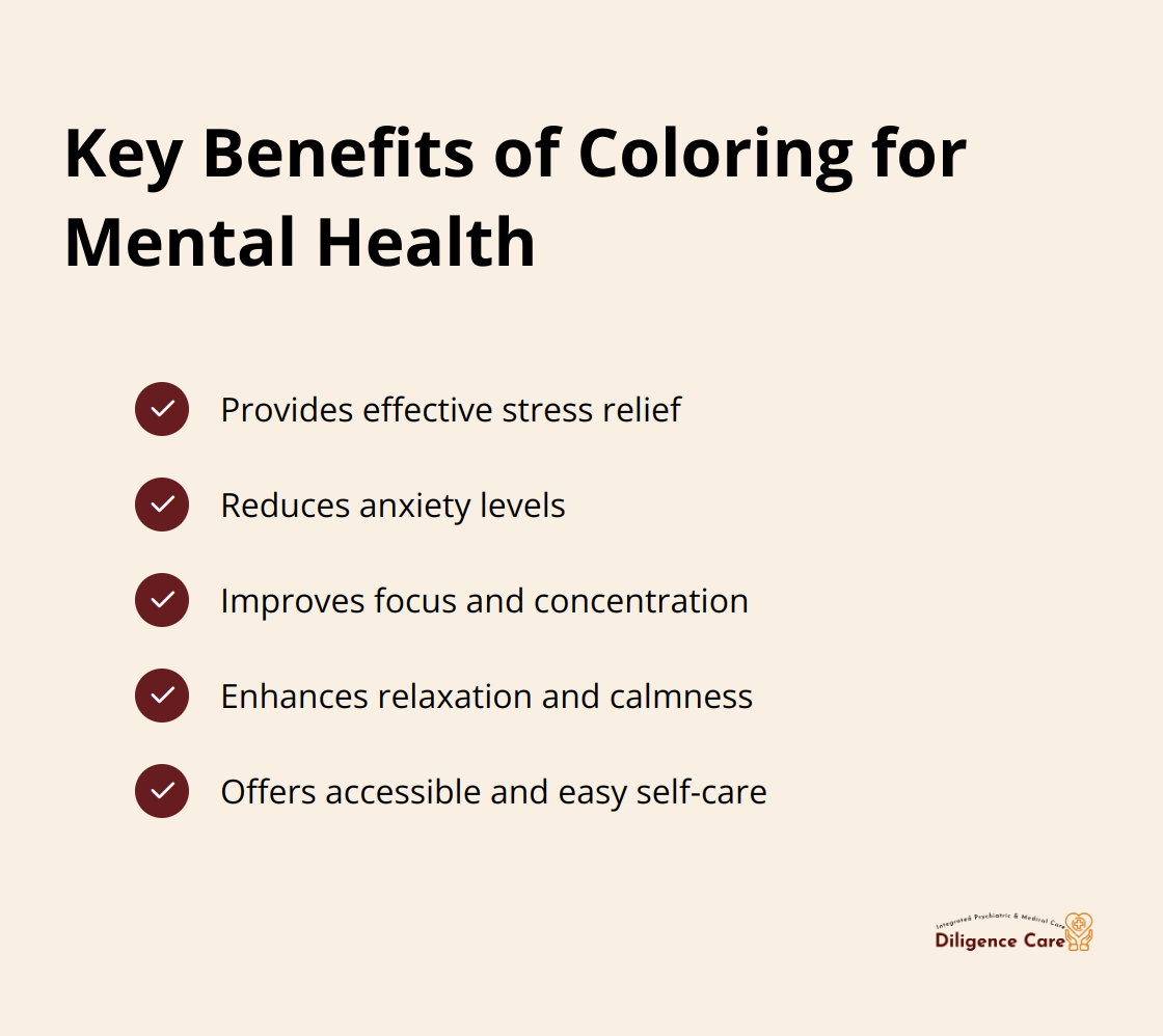 Checkmark list showing five key benefits of coloring for mental health: stress relief, anxiety reduction, improved focus, enhanced relaxation, and accessible self-care.