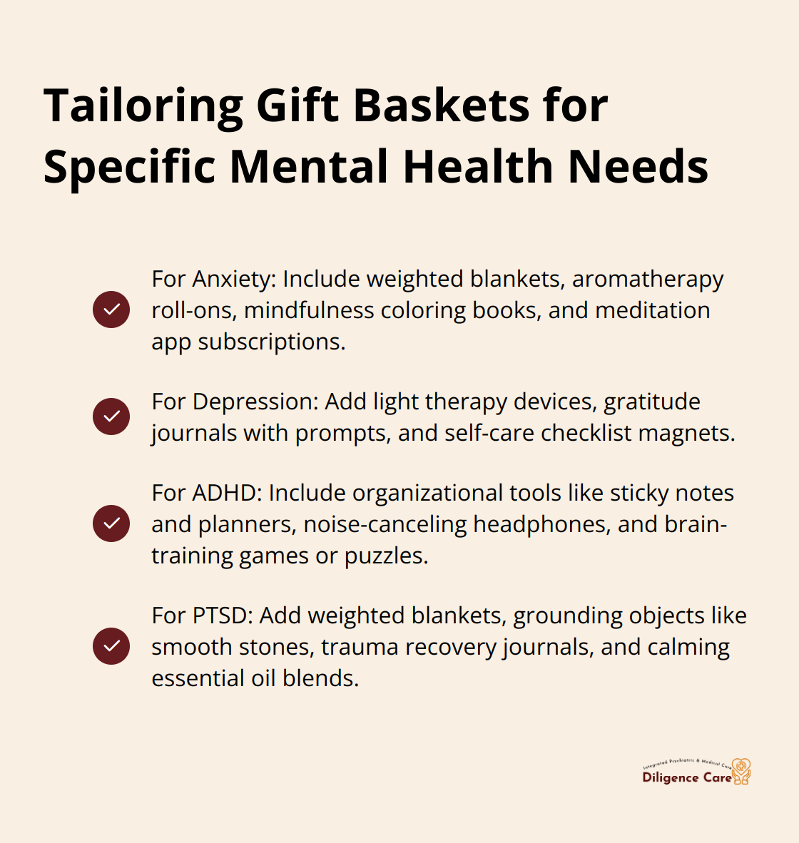 A checkmark list chart showing tailored items for different mental health conditions