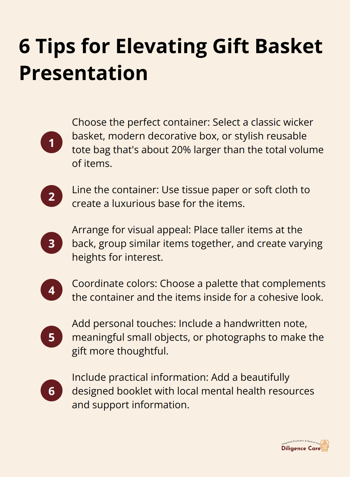 An ordered list chart showing 6 tips for improving the presentation of a mental health self-care gift basket - mental health self care gift basket